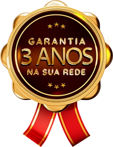 selo de garantia com estrelas e texto em dourado, com a informação de garantia de 3 anos, em um fundo marrom, com bordas douradas e fita vermelha, embaixo