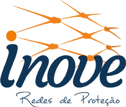 uma rede de proteção laranja, com o nome inove em azul, sobre redes de proteção, em azul